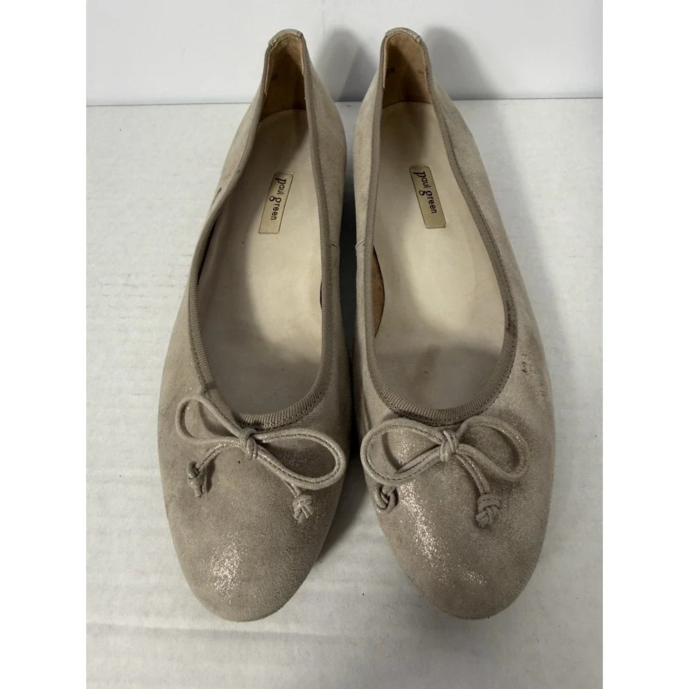 Paul‎ Green Suede Ballet Flats Taupe Shimmer Bow Slip On Shoes Women's